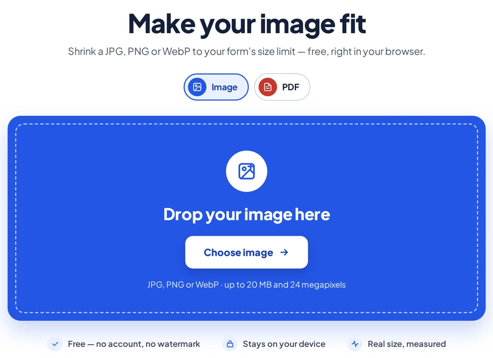 Make My File Fit in development: the image tool with a drop zone for a photo