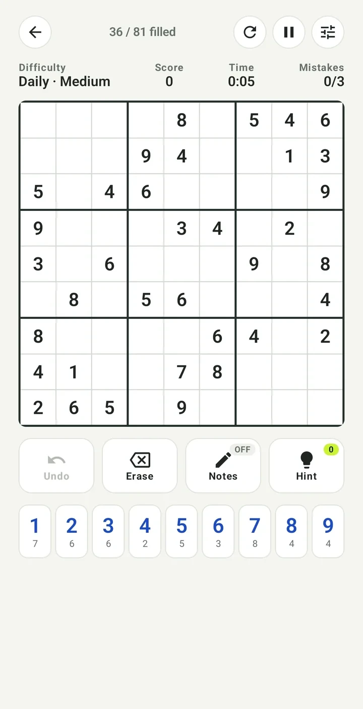 A Daily Medium Sudoku puzzle at the start, with the board, the Undo, Erase, Notes and Hint buttons and the number pad.