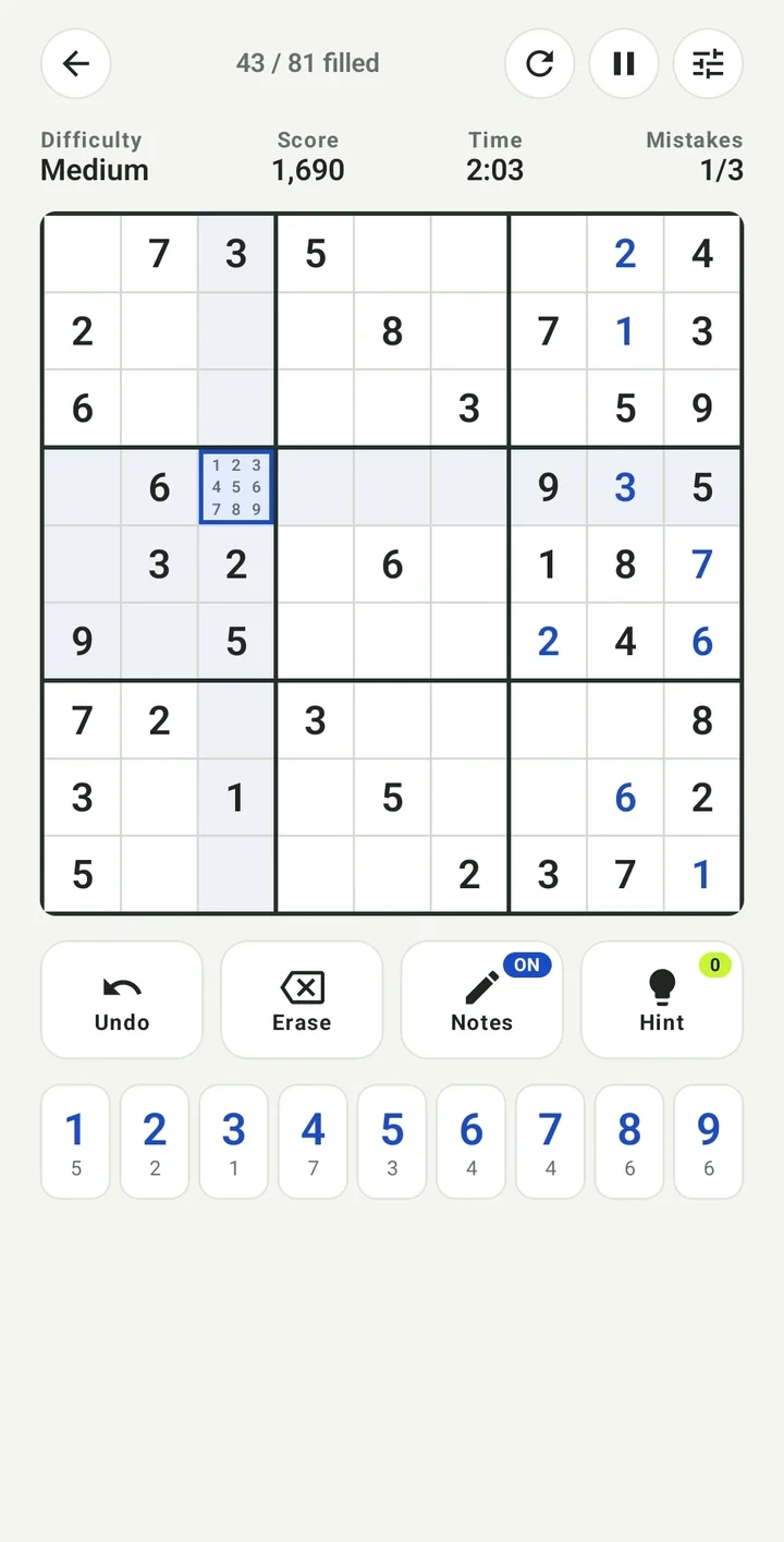 A Medium Sudoku puzzle in progress, with score, time and mistakes above the board, pencil notes in the selected cell, and Undo, Erase, Notes and Hint buttons above the number pad.