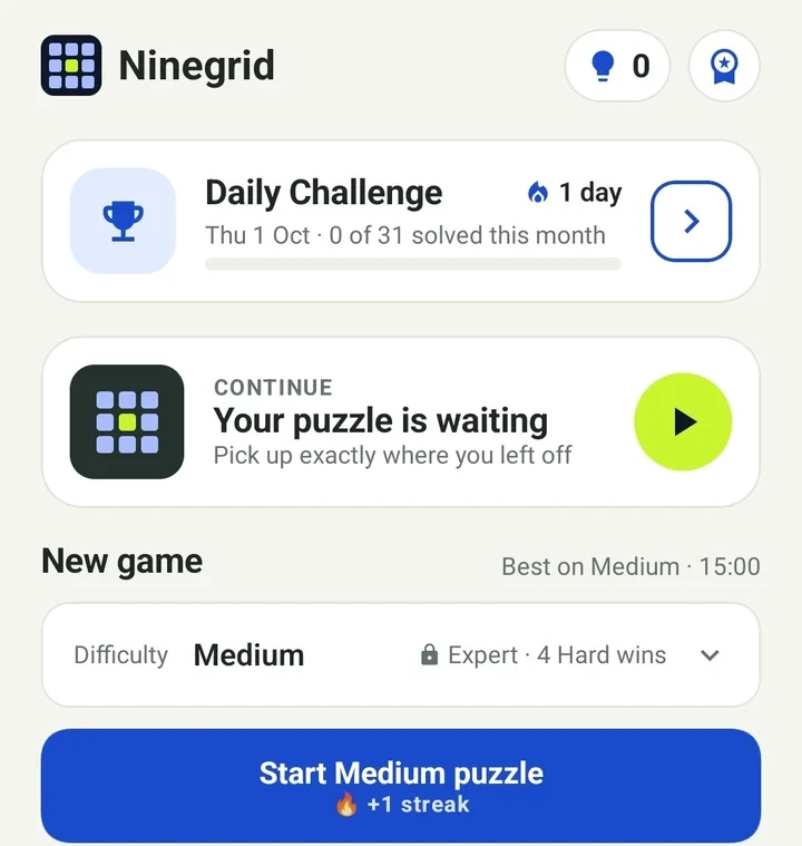 Ninegrid home screen with the Daily Challenge card, a Continue card reading Your puzzle is waiting, and a New game section with a Start Medium puzzle button.