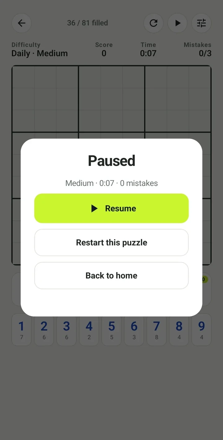 Ninegrid Paused dialog over a dimmed board, with Resume, Restart this puzzle and Back to home buttons.