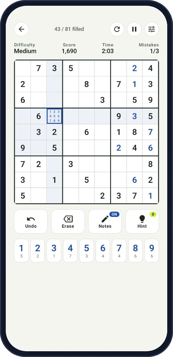 Ninegrid on a phone: a Medium Sudoku puzzle in progress, with pencil notes in the selected cell and the number pad below the board.