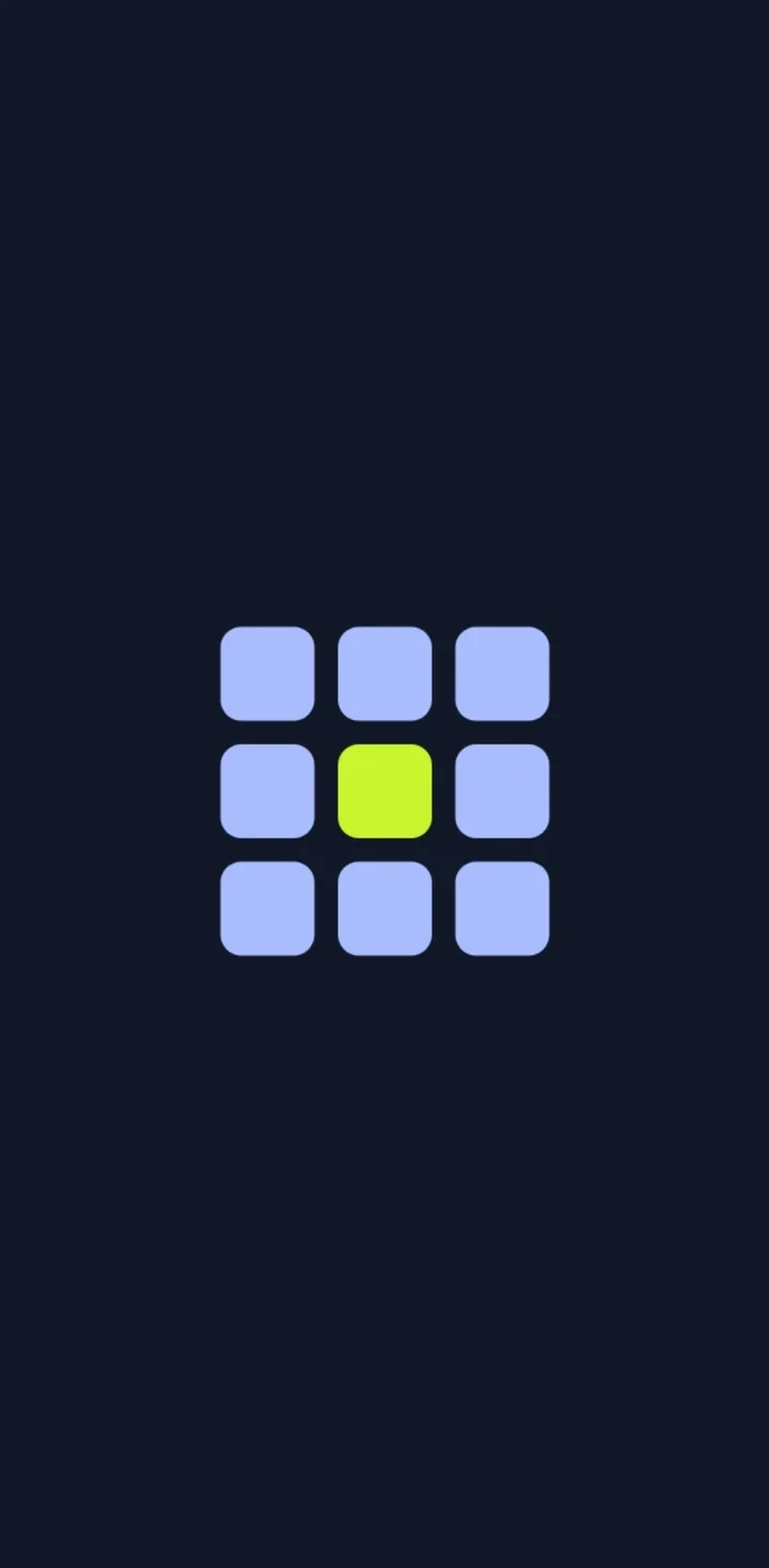 Ninegrid splash screen: the nine-square grid mark, eight blue squares and a lime centre, on a dark navy background.