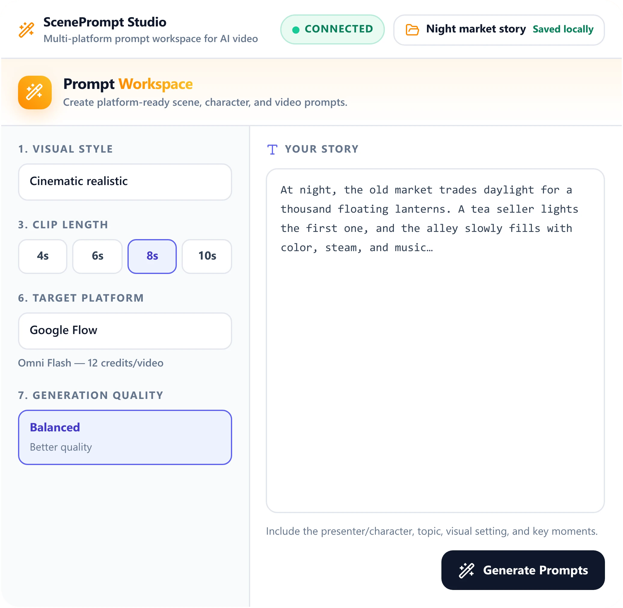 ScenePrompt Studio prompt workspace with visual style, clip length, target platform and story fields